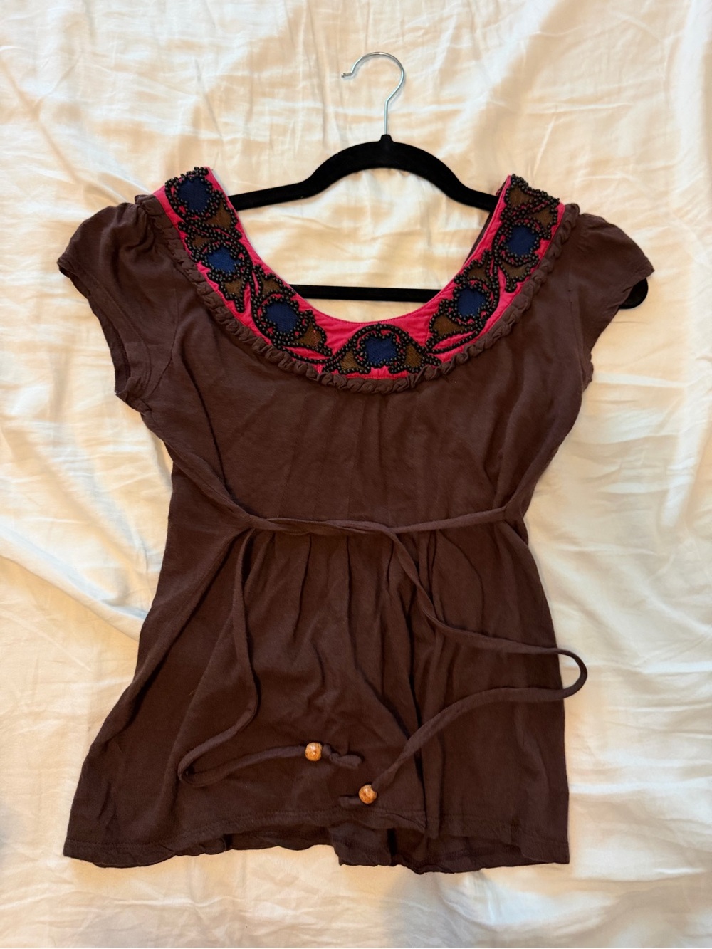 Boho Brown Anthropologie Short Sleeve Top with Embroidered Pink & Navy Yoke